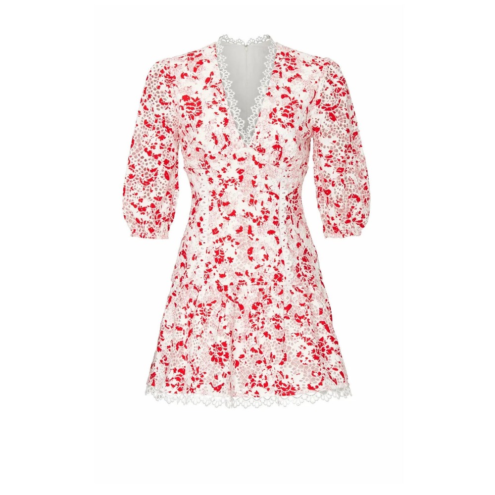 La Maison Talulah Red White Floral Lace Mini Dress V-Neck Puff Sleeve 0406